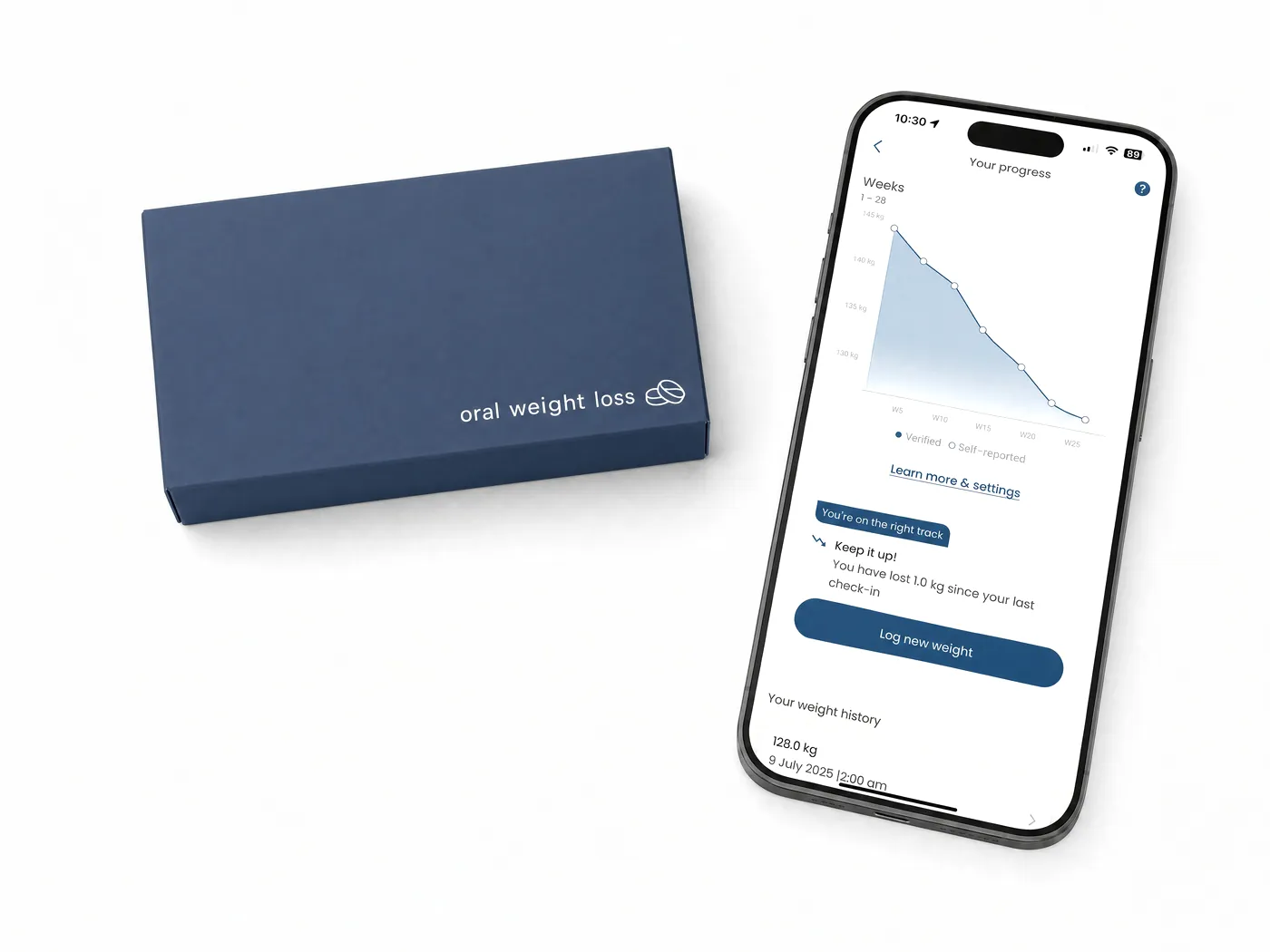 HeMed oral weight loss treatment box beside the HeMed app showing verified weight progress