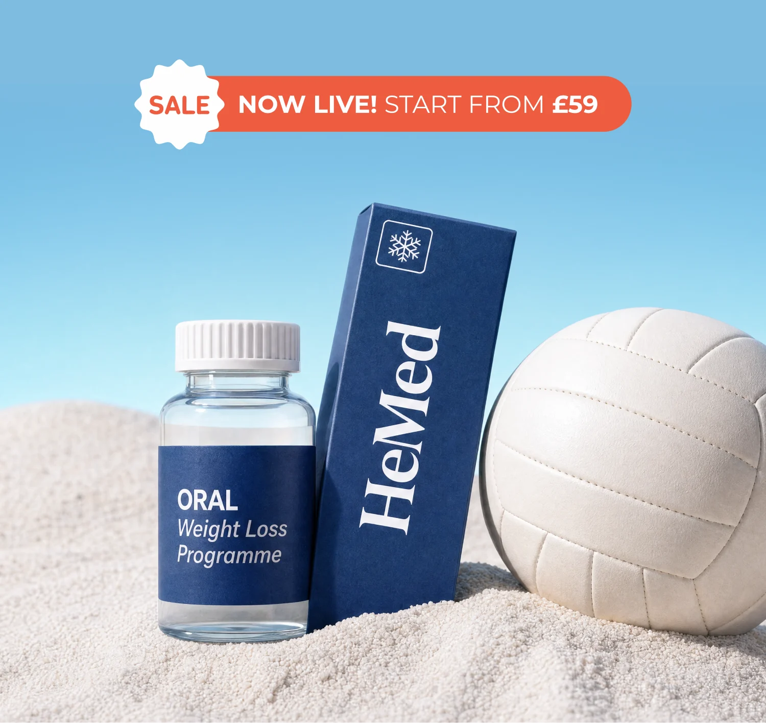 Bottle and box of Oral Weight Loss Programme by HeMed on sand with volleyball and sky background.