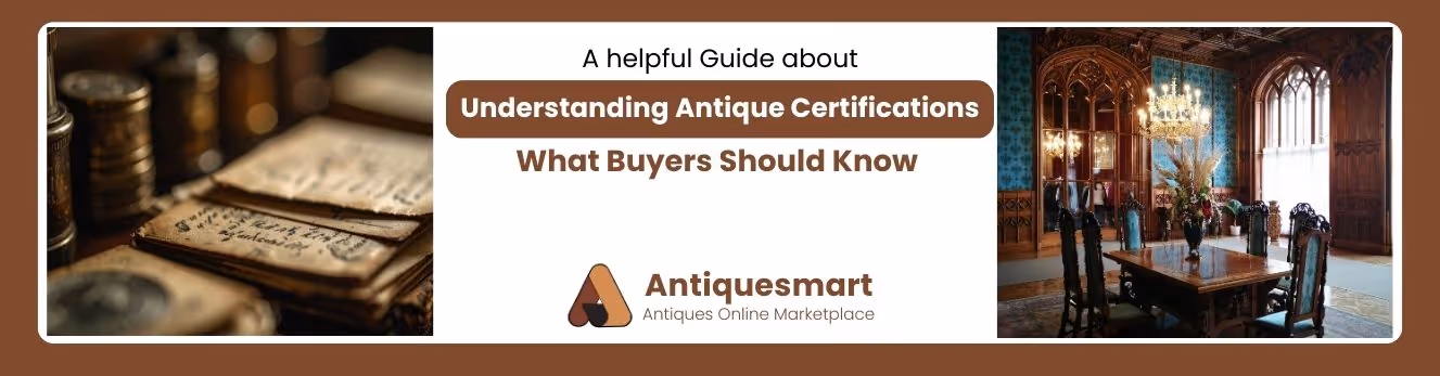 Banner with text 'A helpful Guide about Understanding Antique Certifications What Buyers Should Know' flanked by an antique book with coins on the left and a vintage dining room with ornate wooden chairs and chandelier on the right.
