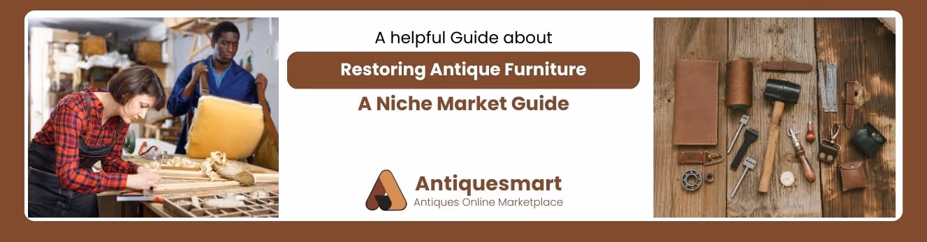 Banner with images of classical statues and busts in a museum setting, featuring text about a guide on exploring history's influence on antique values, with Antiquesmart logo and tagline.