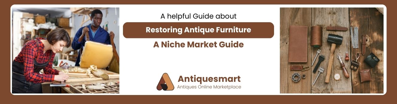 Banner with images of classical statues and busts in a museum setting, featuring text about a guide on exploring history's influence on antique values, with Antiquesmart logo and tagline.