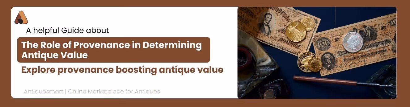 Banner with images of classical statues and busts in a museum setting, featuring text about a guide on exploring history's influence on antique values, with Antiquesmart logo and tagline.