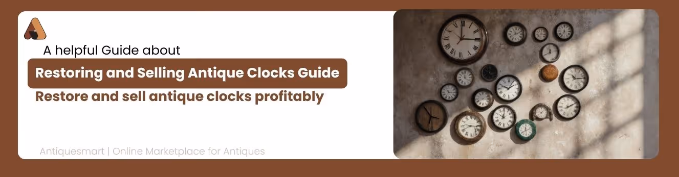 Banner with images of classical statues and busts in a museum setting, featuring text about a guide on exploring history's influence on antique values, with Antiquesmart logo and tagline.