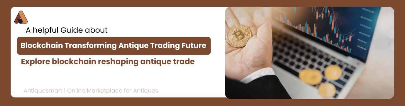 Banner with images of classical statues and busts in a museum setting, featuring text about a guide on exploring history's influence on antique values, with Antiquesmart logo and tagline.