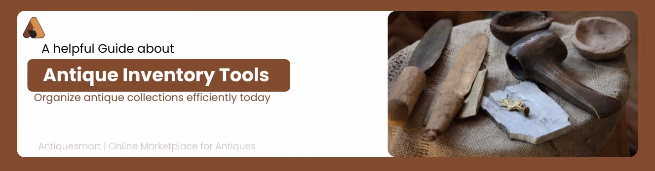 Banner with images of classical statues and busts in a museum setting, featuring text about a guide on exploring history's influence on antique values, with Antiquesmart logo and tagline.