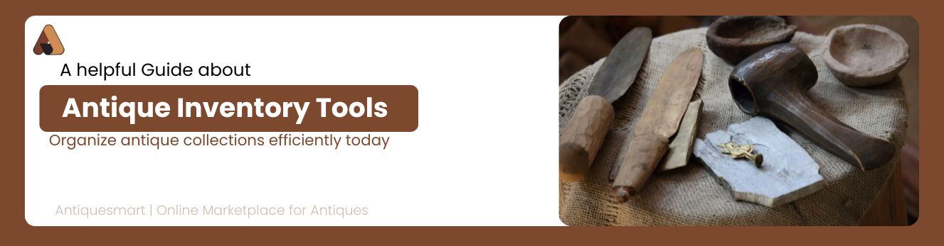 Banner with images of classical statues and busts in a museum setting, featuring text about a guide on exploring history's influence on antique values, with Antiquesmart logo and tagline.