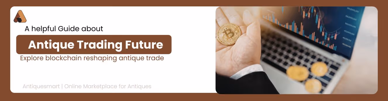 Banner with images of classical statues and busts in a museum setting, featuring text about a guide on exploring history's influence on antique values, with Antiquesmart logo and tagline.