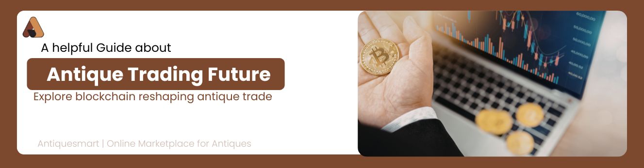 Banner with images of classical statues and busts in a museum setting, featuring text about a guide on exploring history's influence on antique values, with Antiquesmart logo and tagline.