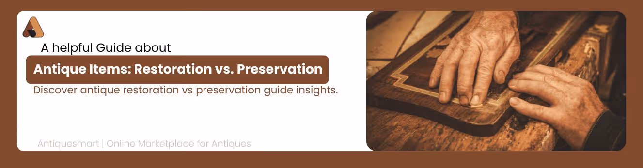 Banner with images of classical statues and busts in a museum setting, featuring text about a guide on exploring history's influence on antique values, with Antiquesmart logo and tagline.