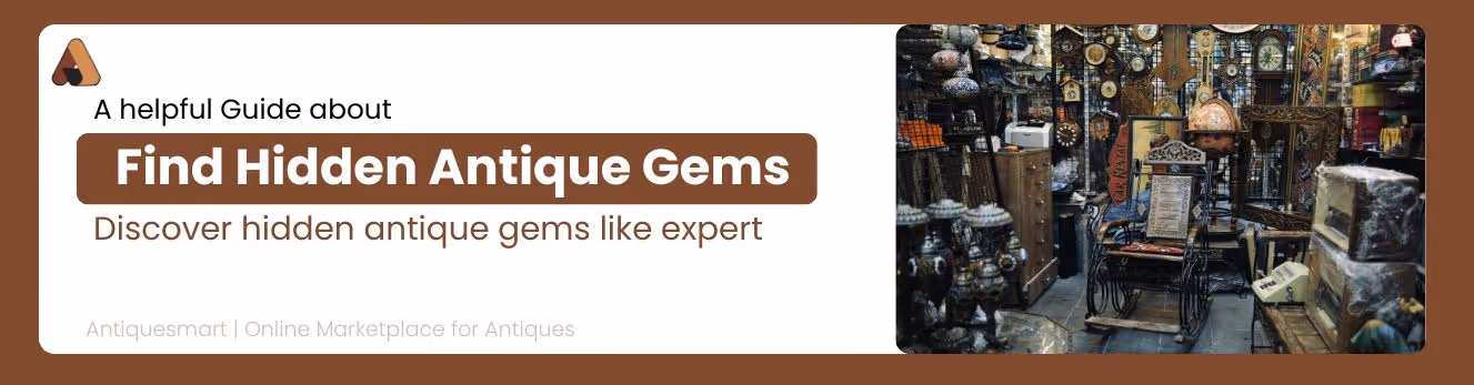 Banner with images of classical statues and busts in a museum setting, featuring text about a guide on exploring history's influence on antique values, with Antiquesmart logo and tagline.