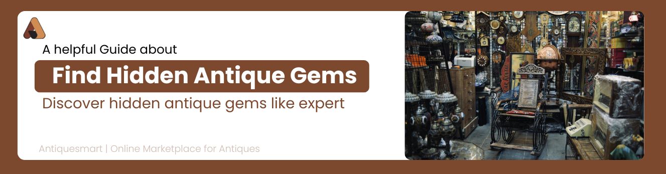 Banner with images of classical statues and busts in a museum setting, featuring text about a guide on exploring history's influence on antique values, with Antiquesmart logo and tagline.