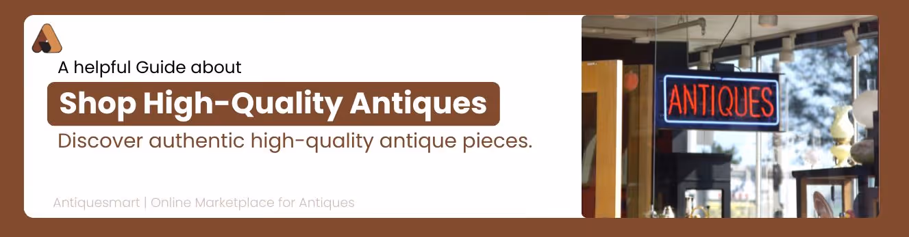 Banner with images of classical statues and busts in a museum setting, featuring text about a guide on exploring history's influence on antique values, with Antiquesmart logo and tagline.