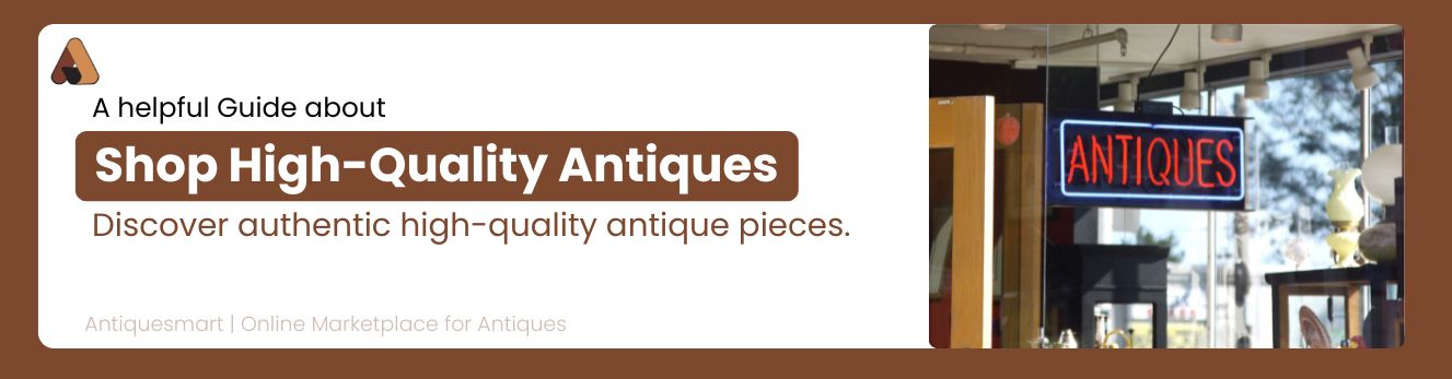 Banner with images of classical statues and busts in a museum setting, featuring text about a guide on exploring history's influence on antique values, with Antiquesmart logo and tagline.
