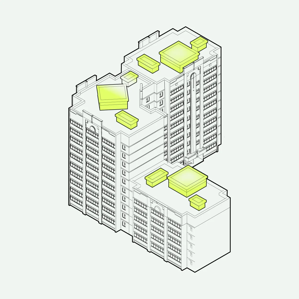 Schematische Darstellung eines Gebäudekomplexes