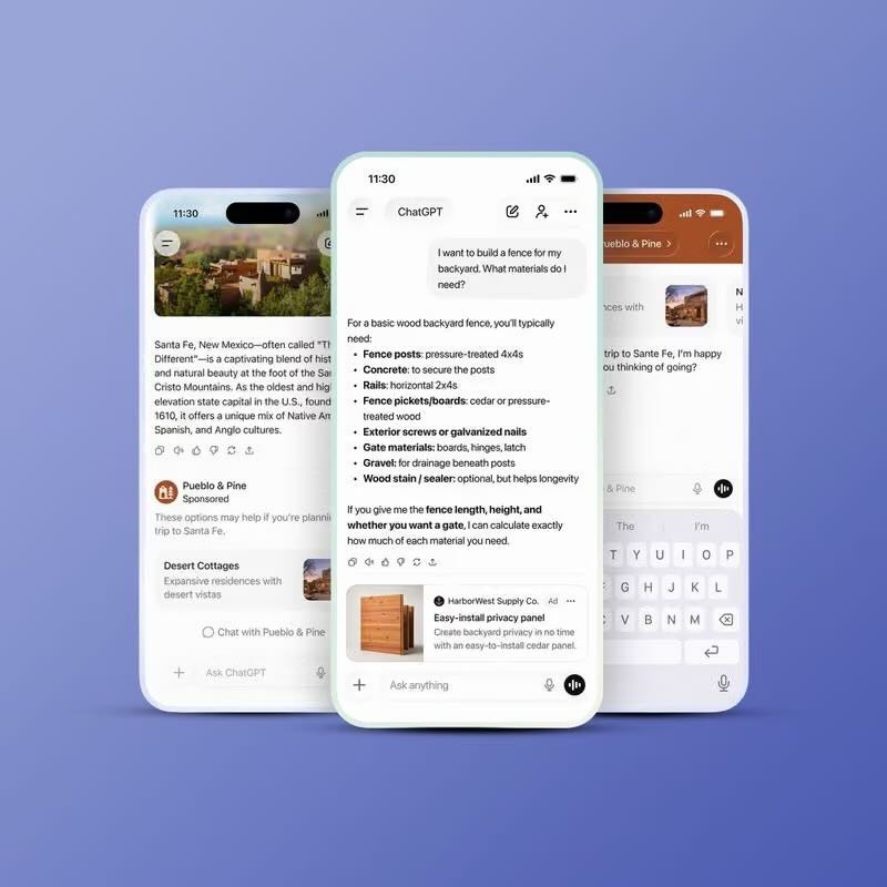 ChatGPT advertising experience showing sponsored placements alongside conversations