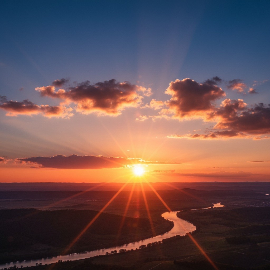 זריחת שמש מעל נוף של נהר משתפל בין גבעות וקרני שמש פזורות בשמיים עם עננים מעטיים.