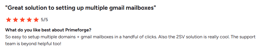 Primeforge user praising its multiple domain support