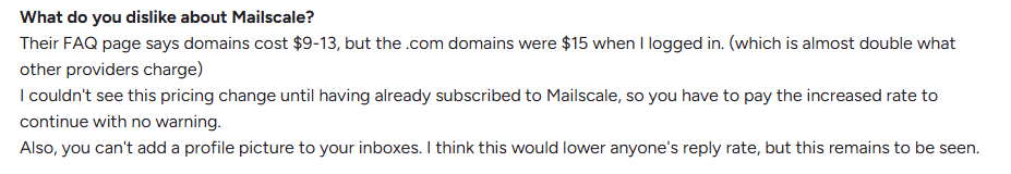 MailScale user complaining about hidden pricing