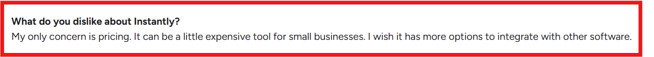 Instantly G2 review about its high pricing