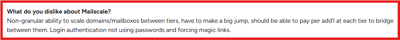 Mailscale G2 review about its pricing tiers