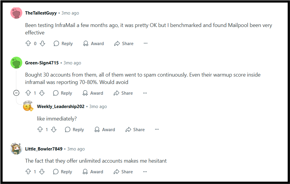 Inframail G2 review about accounts landing in spam
