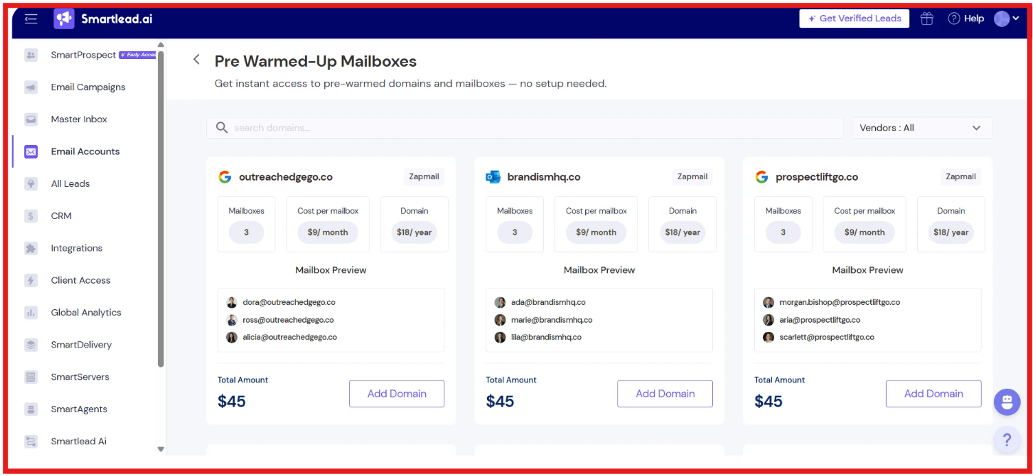 Pre-warmed inboxes by SmartSenders