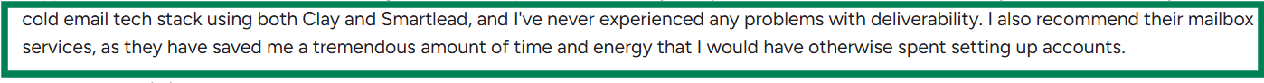 Smartlead user review on G2 regarding mailboxes