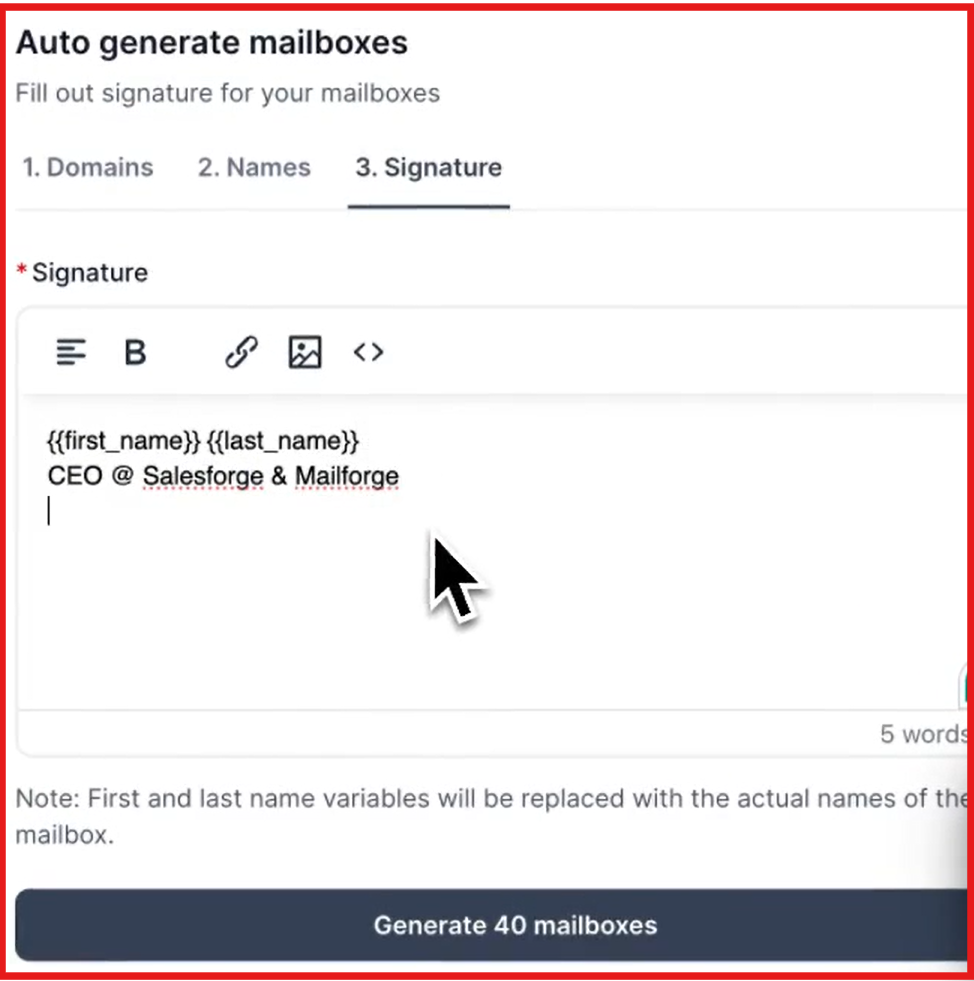 Bulk mailbox generation and signature automation inside Mailforge