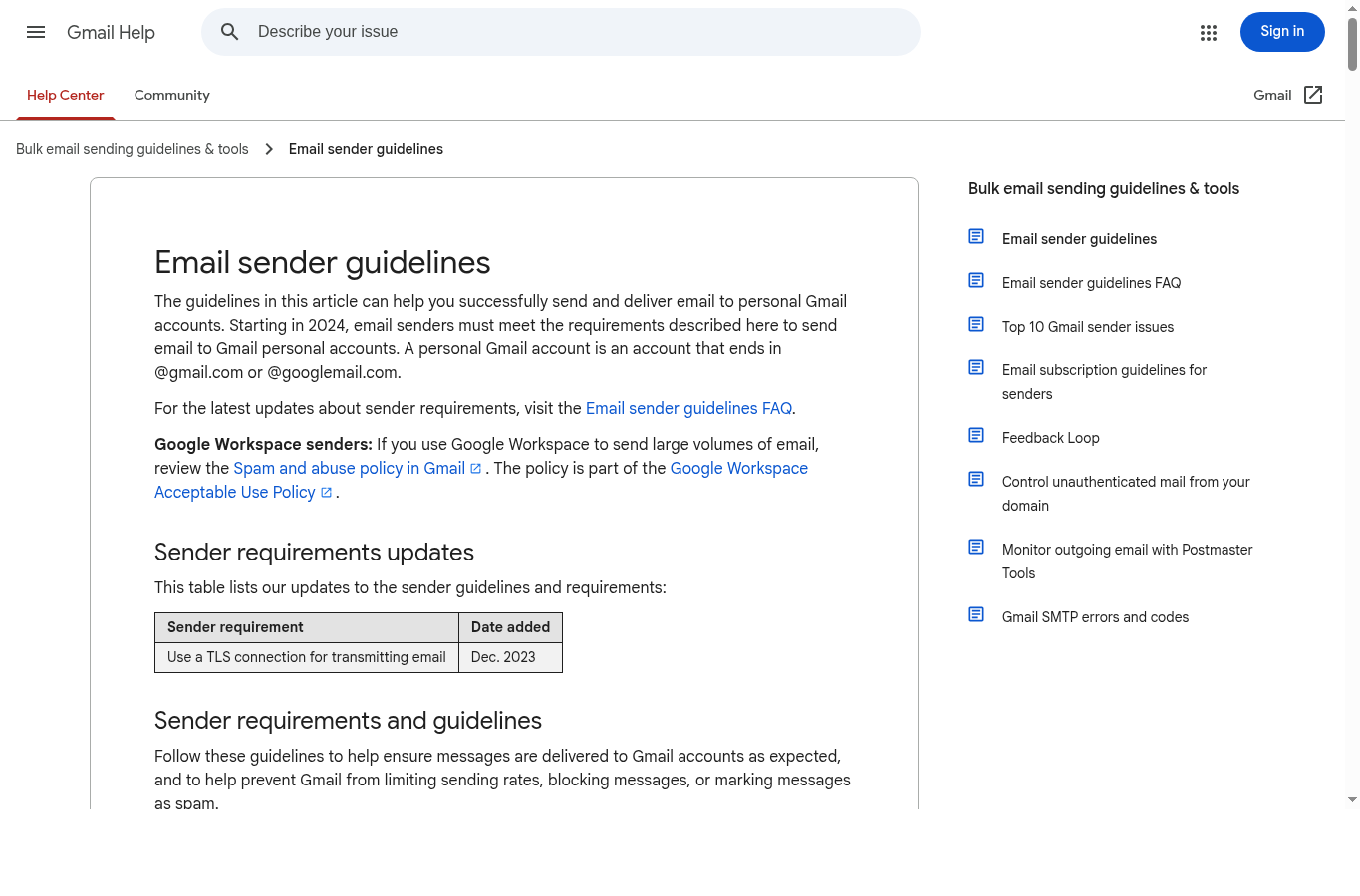 Screenshot of Google email sender guidelines page