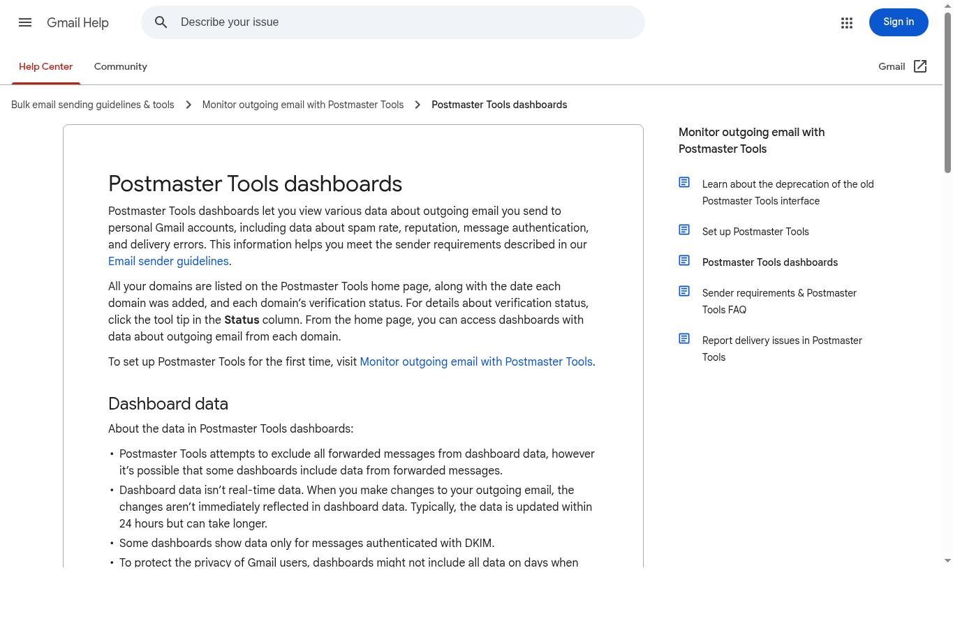 Screenshot of Google Postmaster Tools dashboard documentation