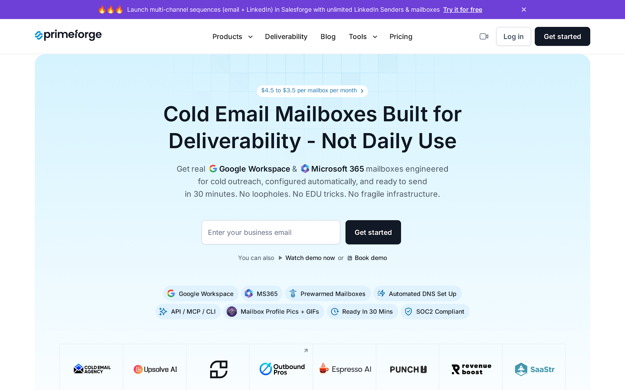 Primeforge homepage showing Google Workspace and Microsoft 365 mailboxes for cold outreach