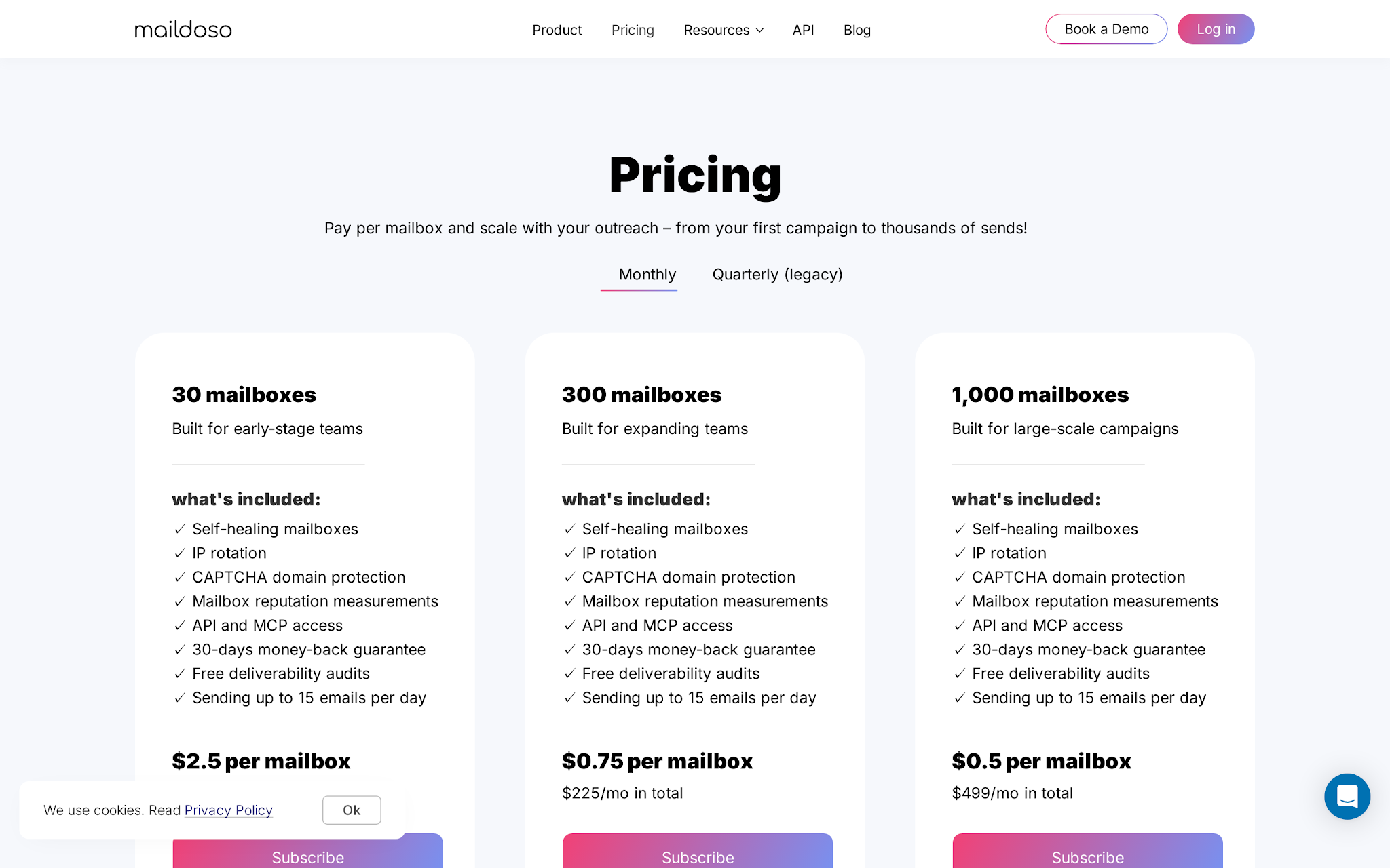 Maildoso pricing page showing SMTP, Google Workspace, and combo mailbox packages