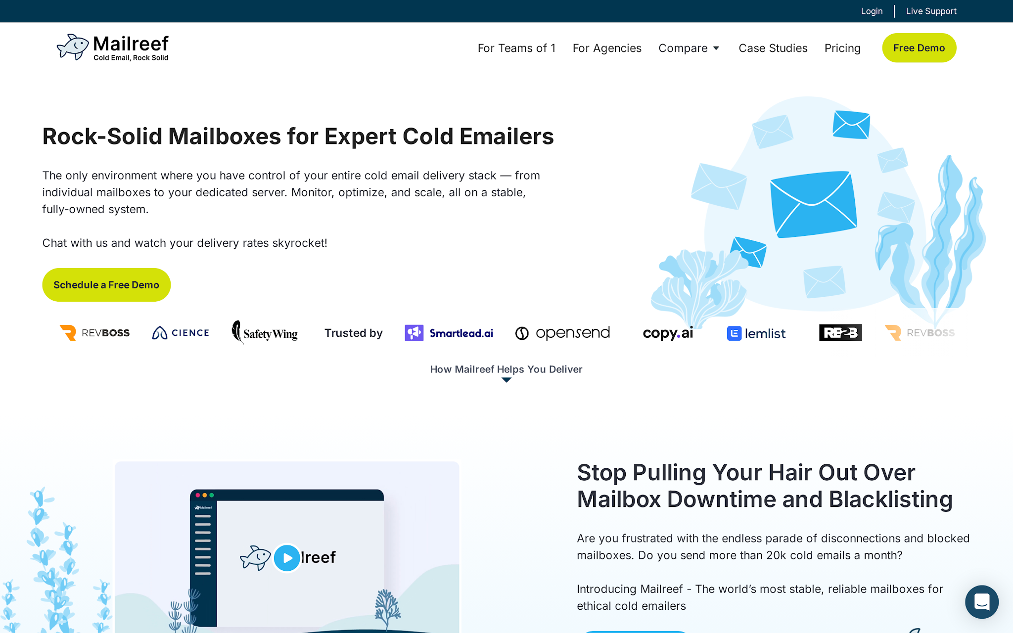 Mailreef homepage showing dedicated cold email mailbox infrastructure