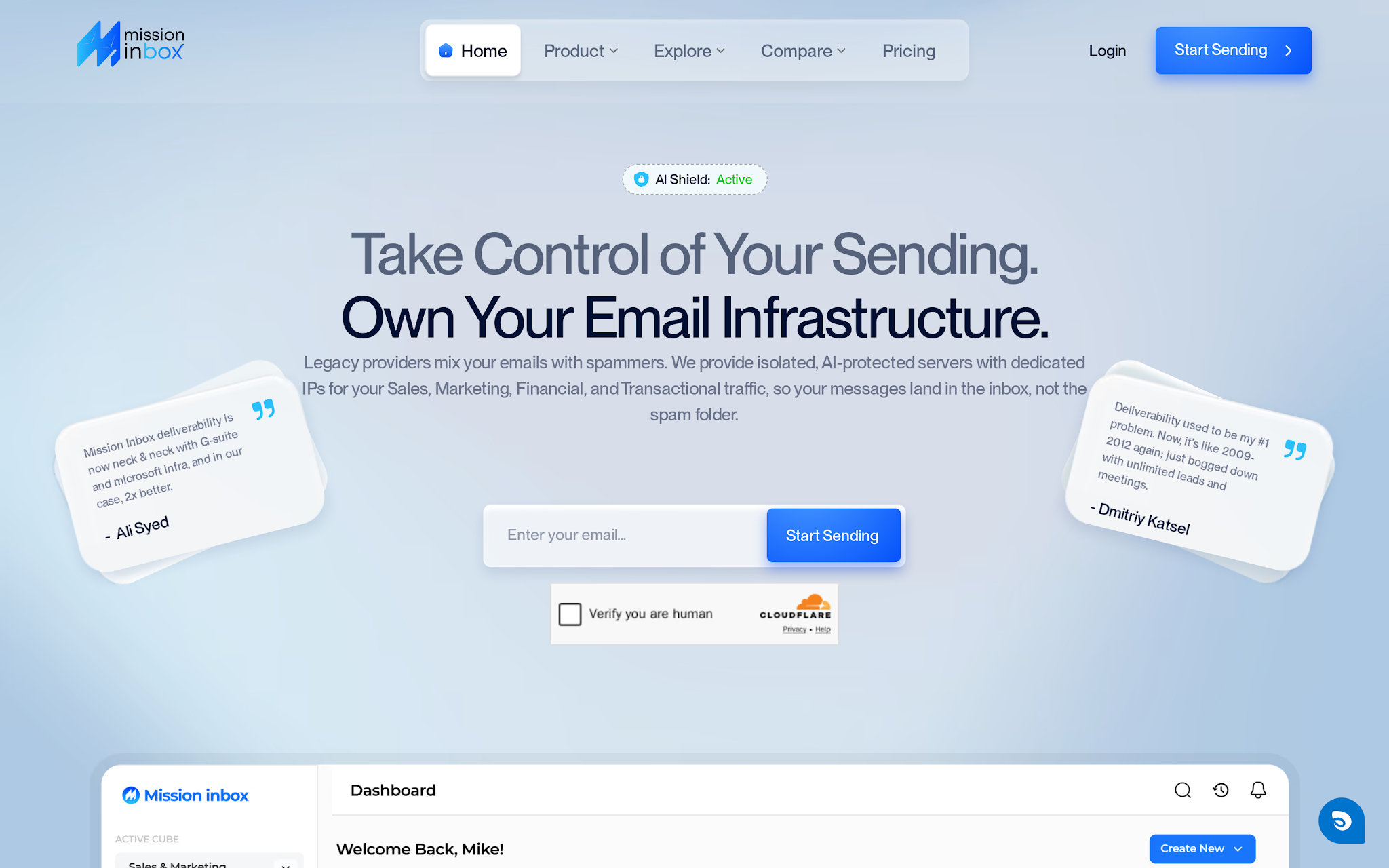 Mission Inbox homepage showing isolated email infrastructure and dedicated IPs