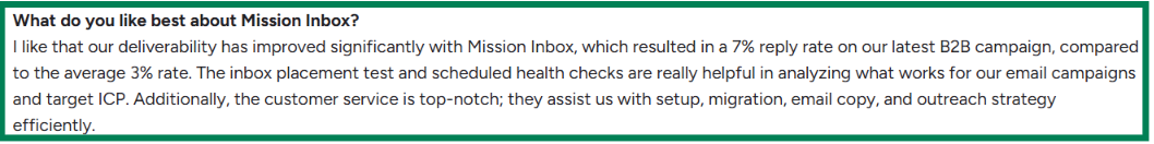 Mission Inbox G2 review about deliverability