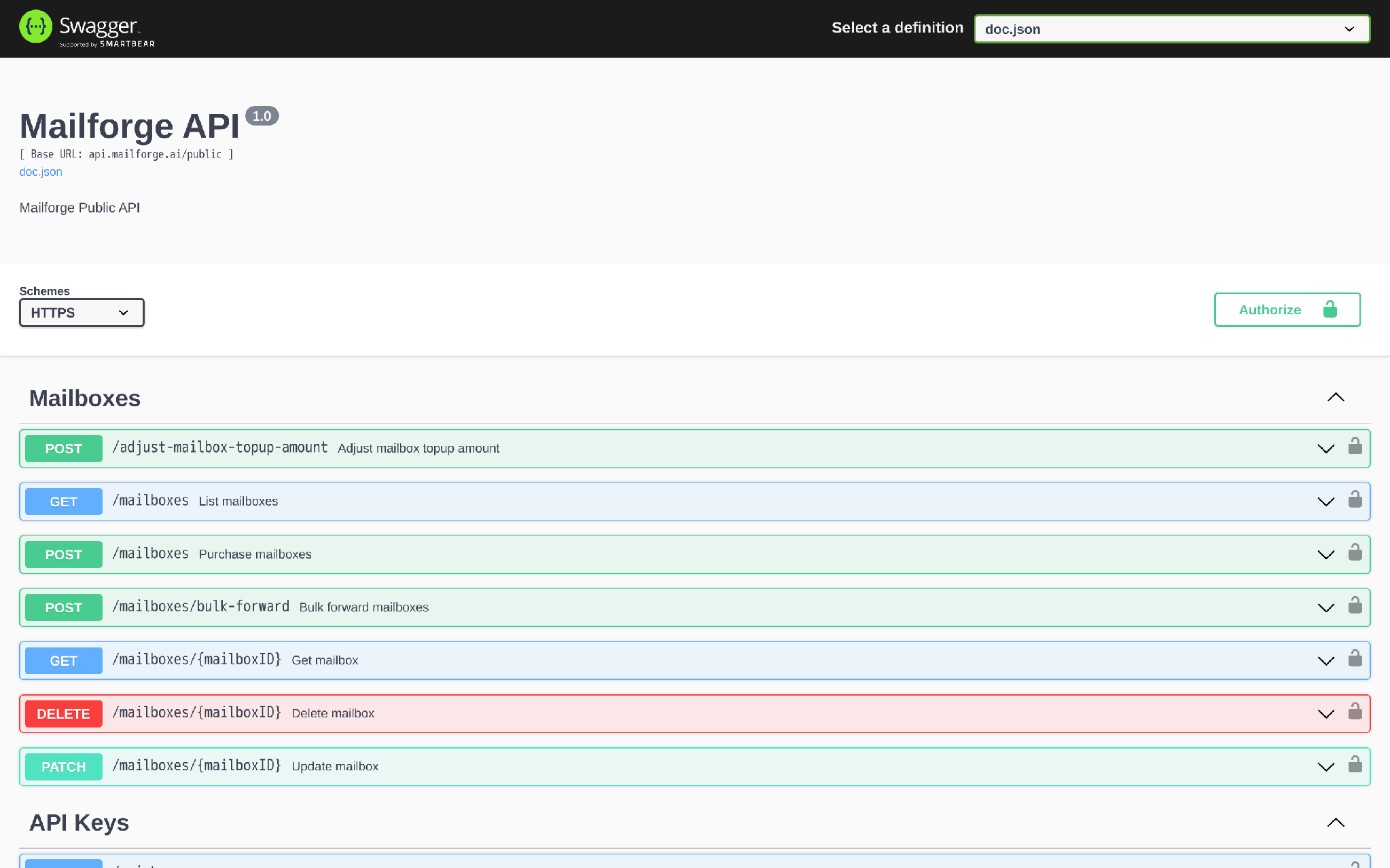 Mailforge API Swagger reference