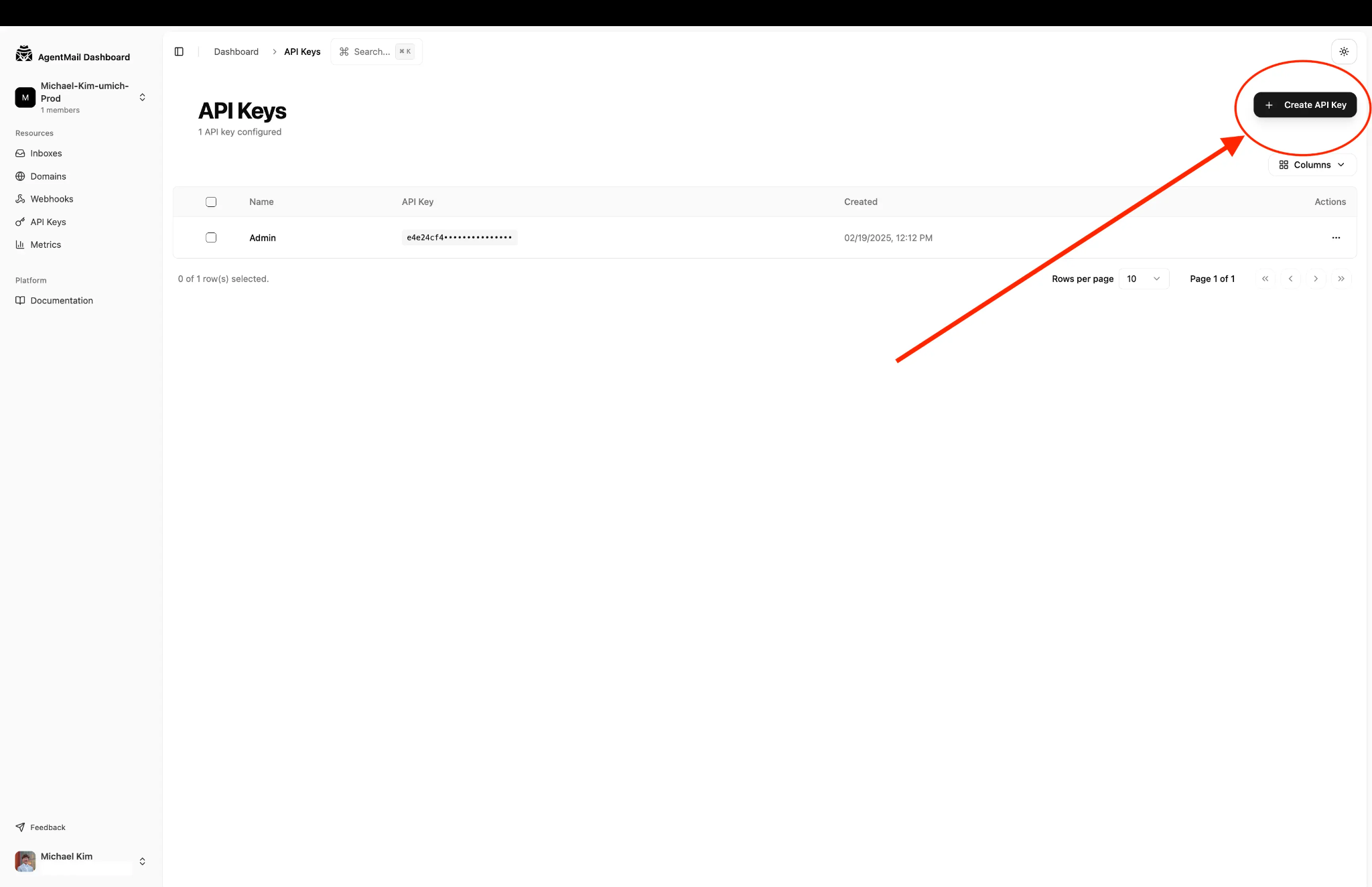 Create API key on AgentMail first
