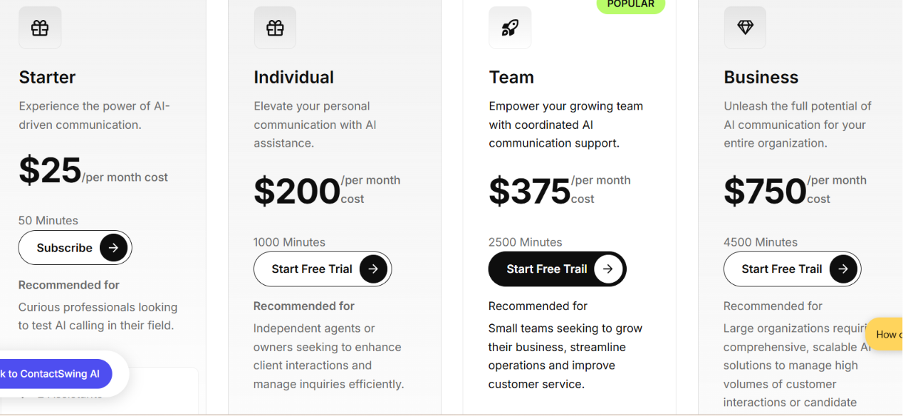 ContactSwing pricing