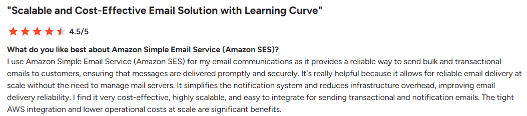 Amazon SES G2 review about learning curve