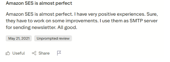 Amazon SES Trustpilot review about using it as a SMTP server