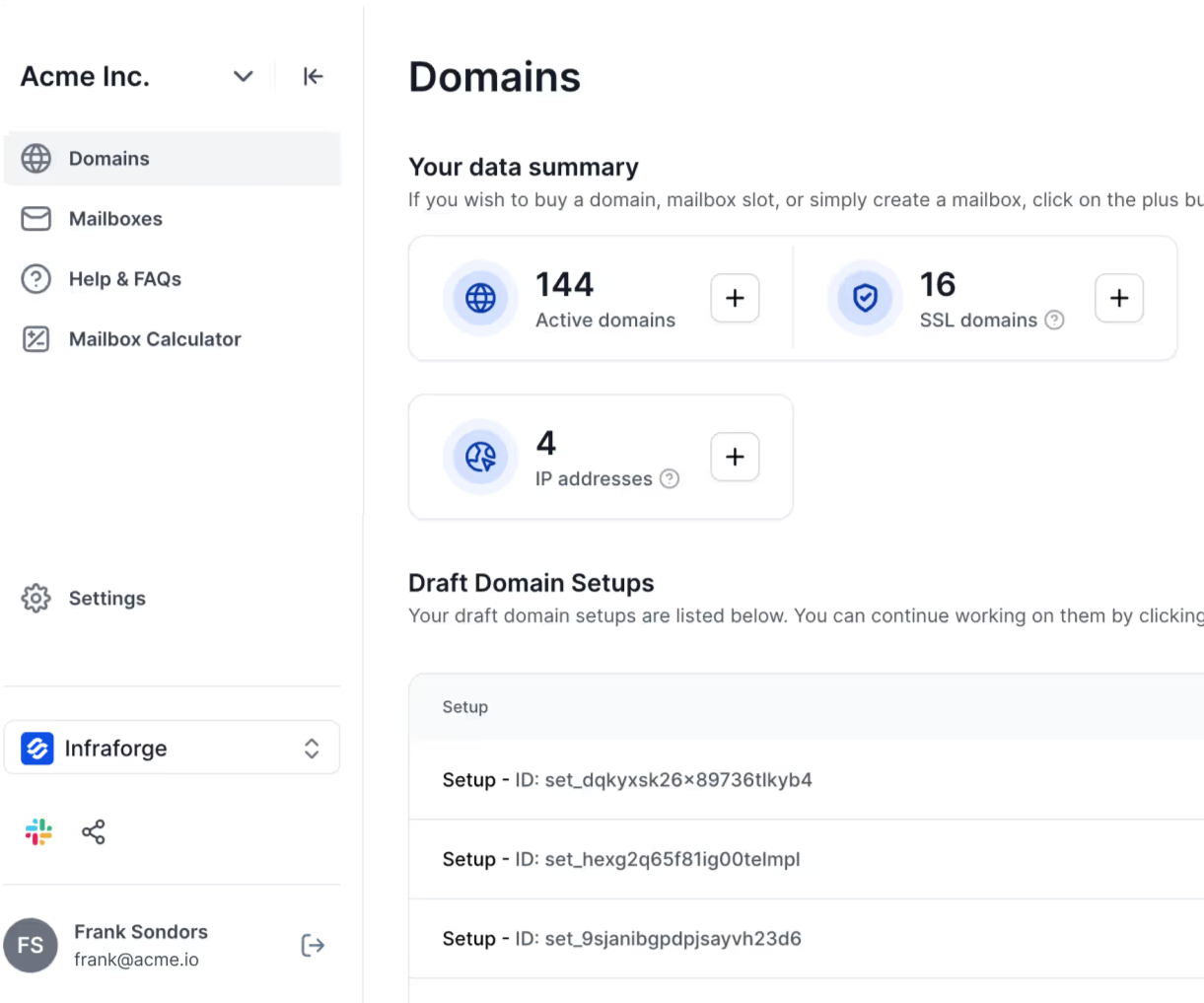 domains dashboard in Infraforge.
