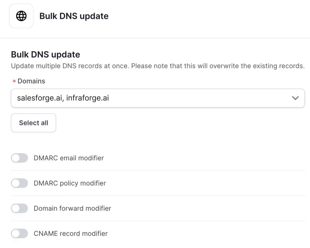 bulk DNS update in Infraforge.