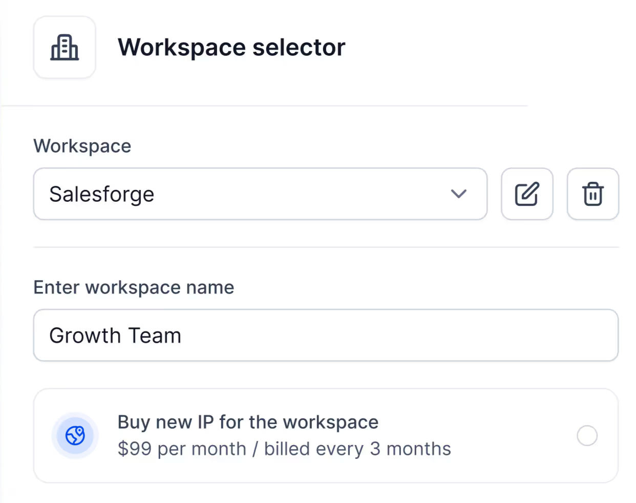 workspace selector in Infraforge.
