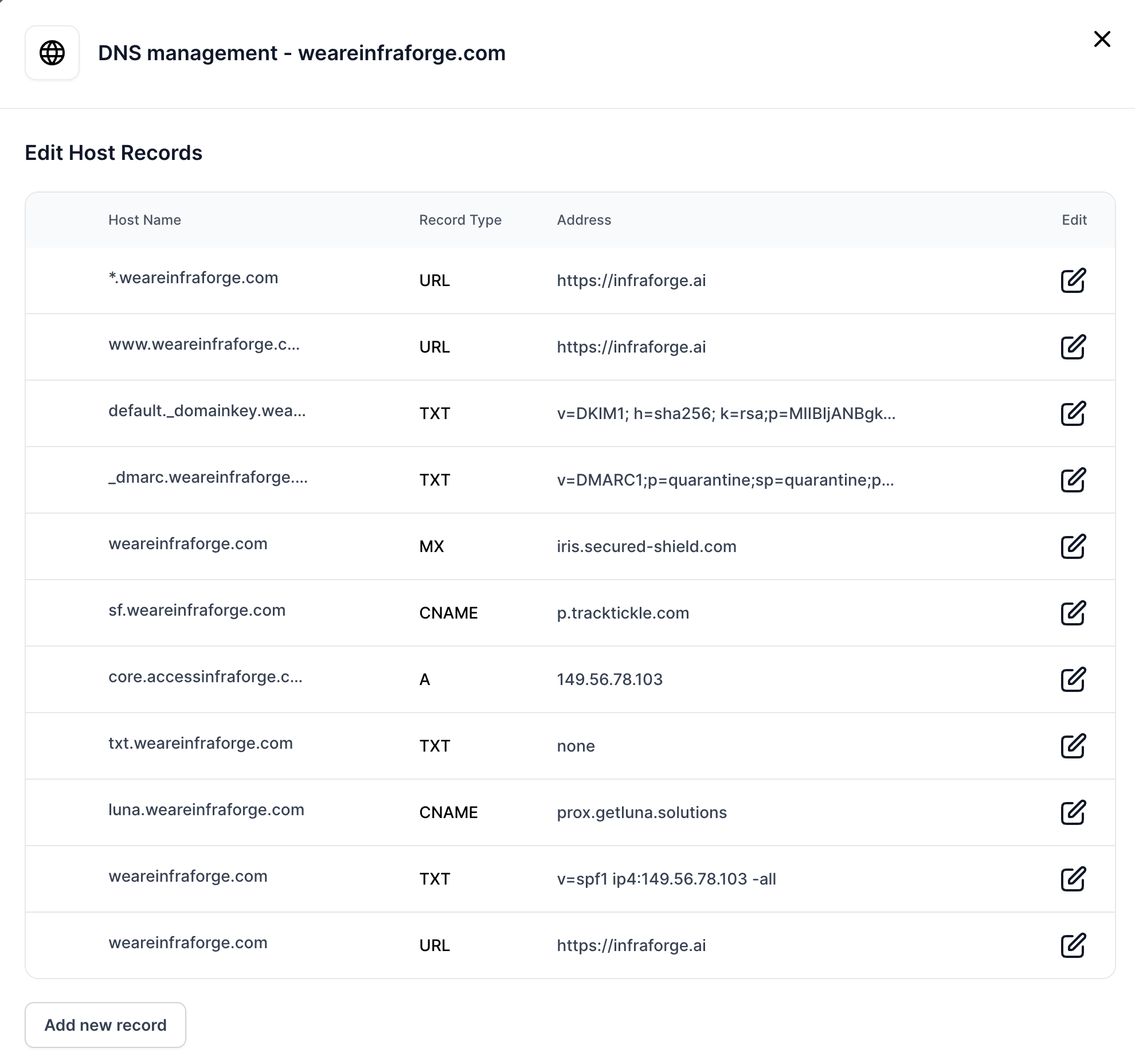 A record in Infraforge DNS management.