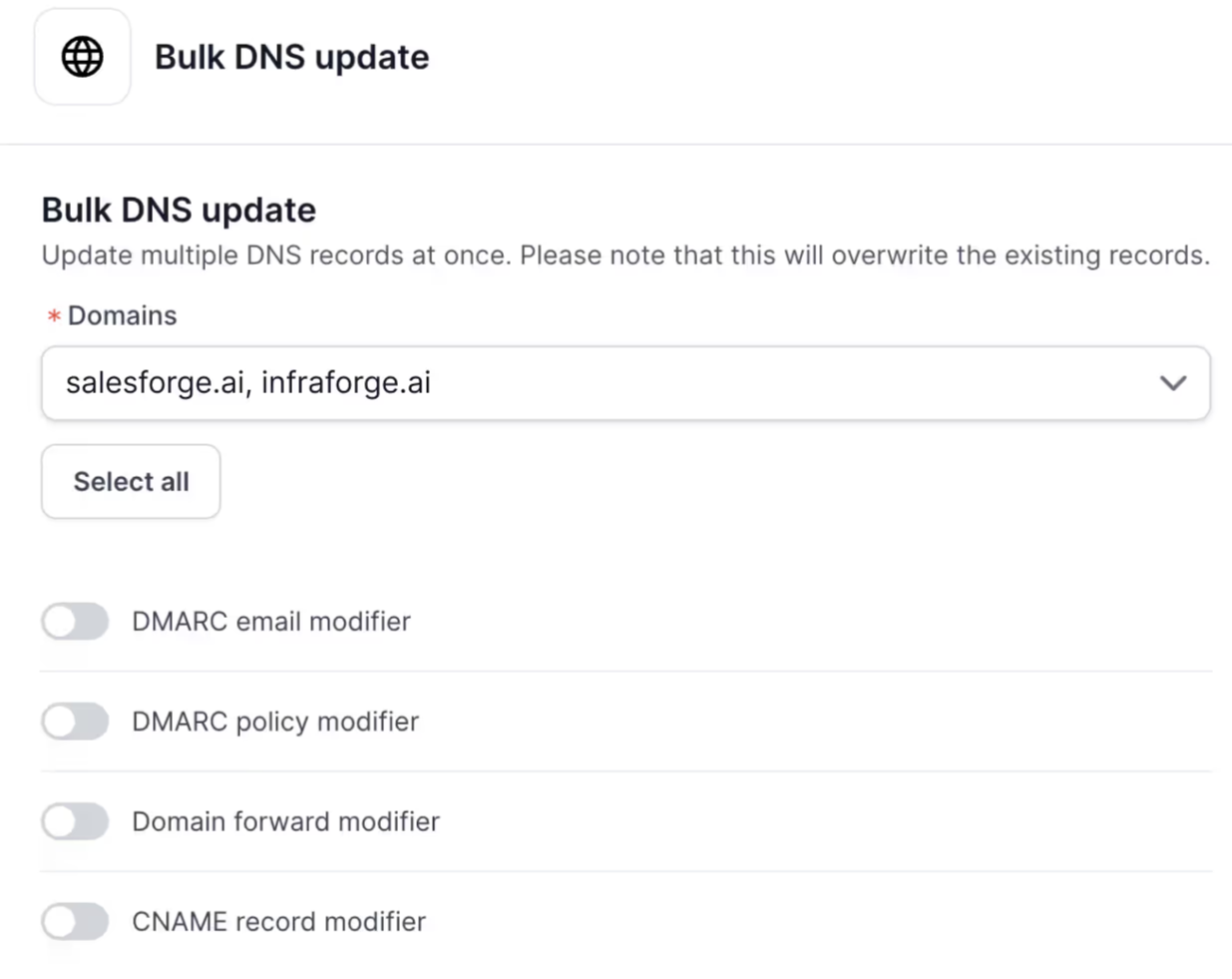 bulk domain generation in Mailforge.