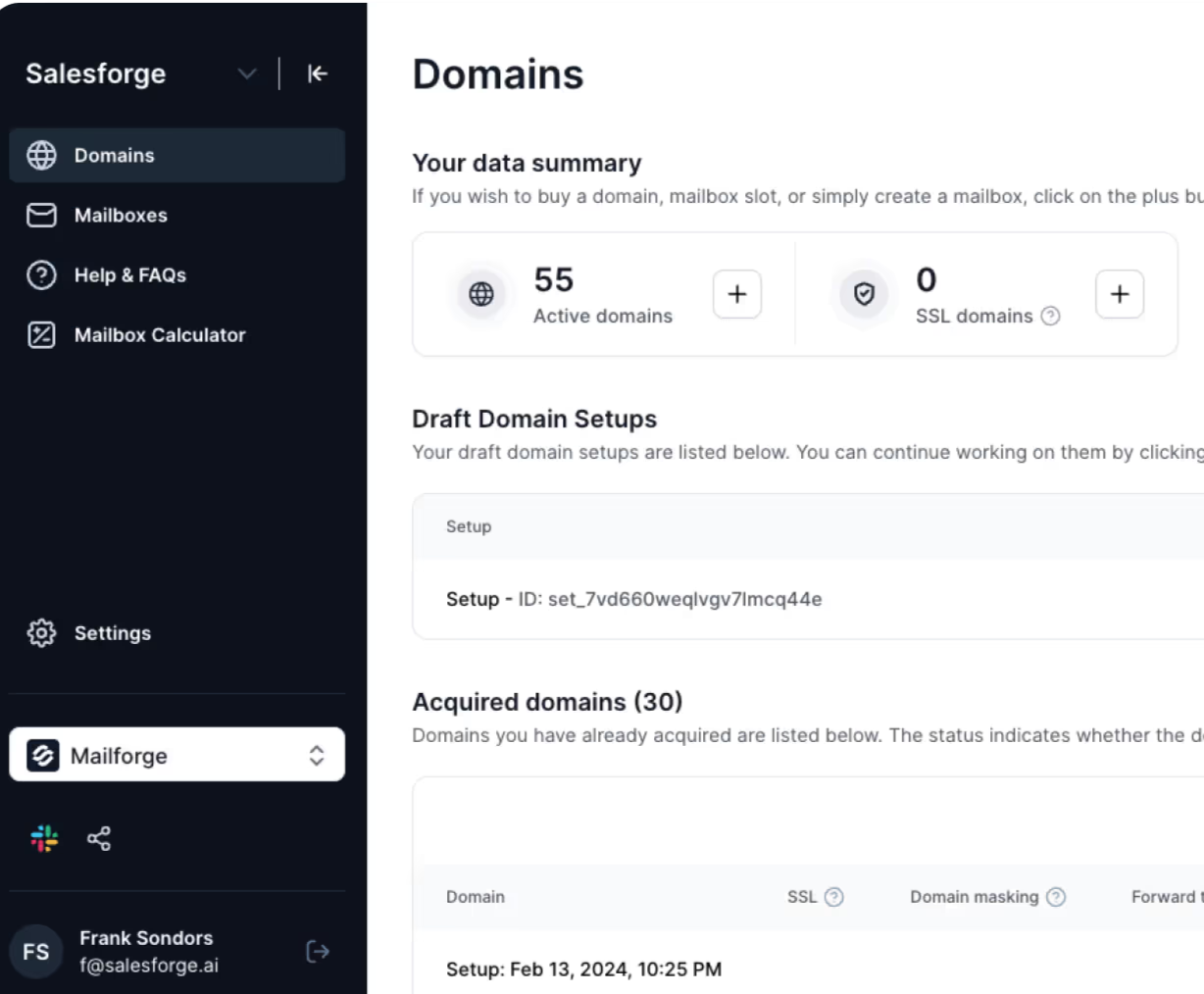 domains dashboard in Mailforge.