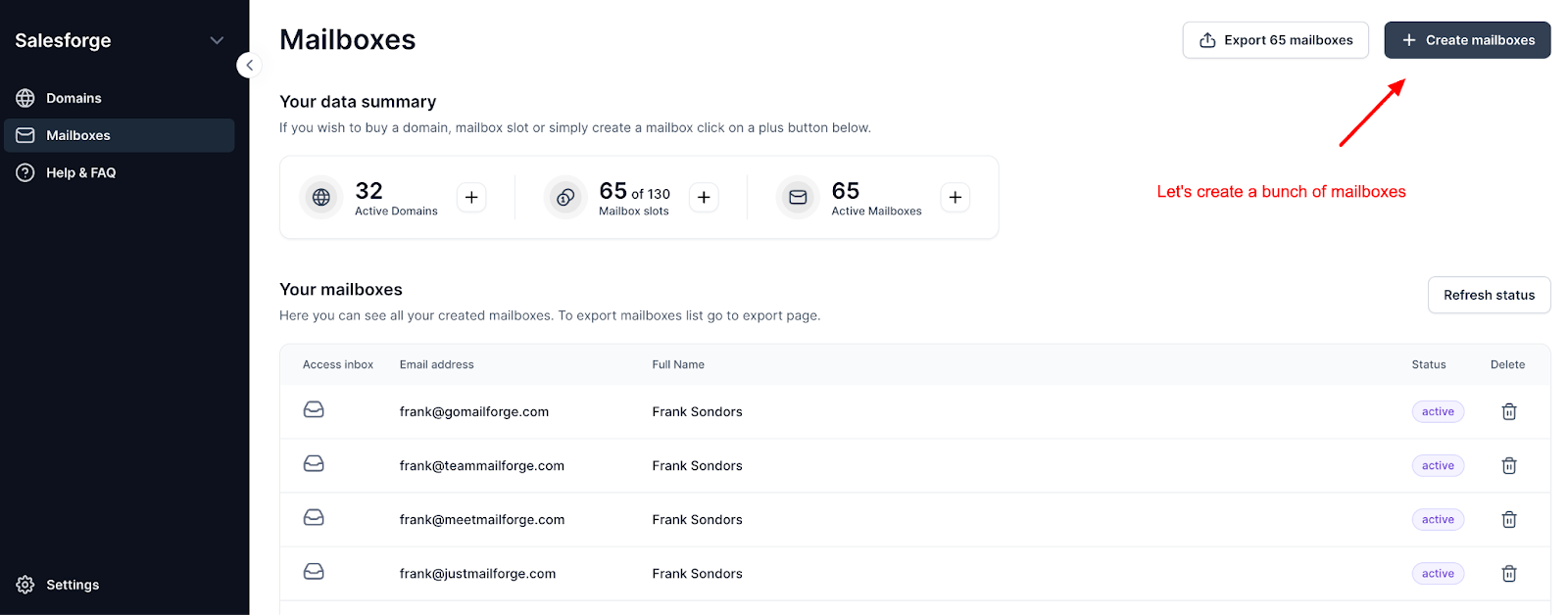 mailbox creation in Mailforge.