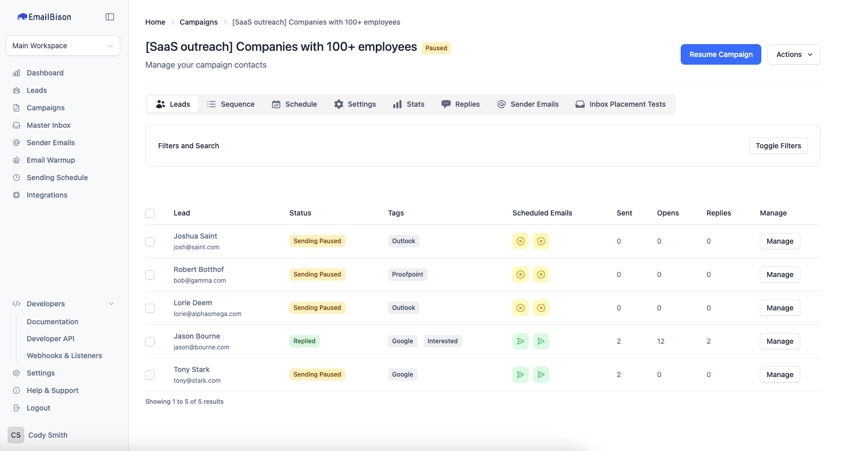EmailBison campaign view