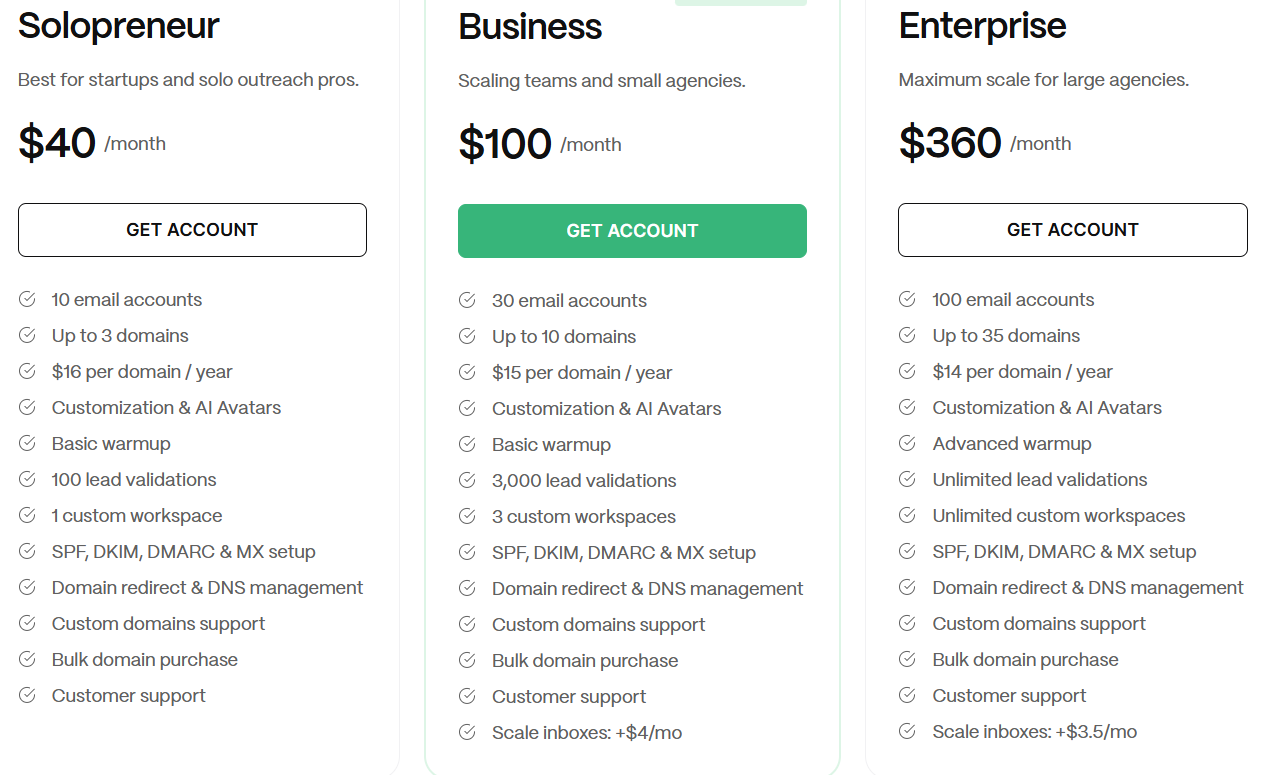 Solopreneur, Business, and Enterprise plans on Mailerr