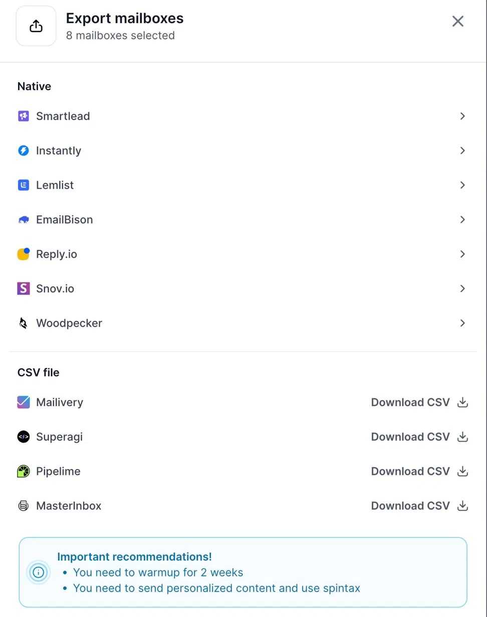 native and CSV export options for mailboxes in Primeforge